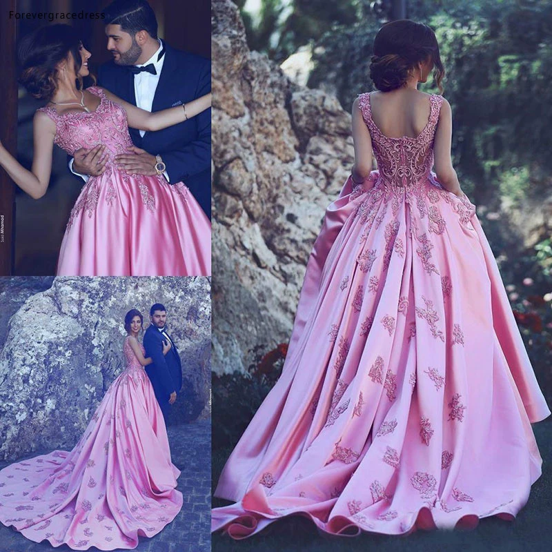 

Fashion Pink Appliqued Wedding Dress V Neck Long Backless Satin Formal Bridal Gown Custom Made