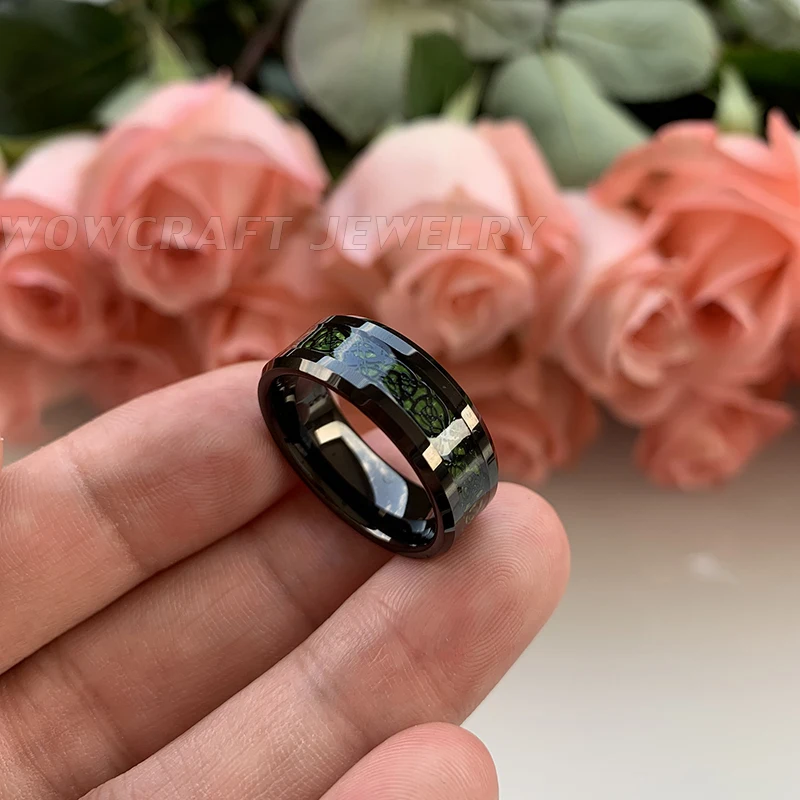 Мужские черные вольфрамовые Свадебные кольца с драконом зеленые из углеродного