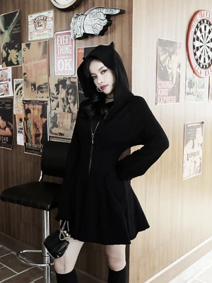 Женское готическое мини платье с капюшоном модное черное длинным рукавом и