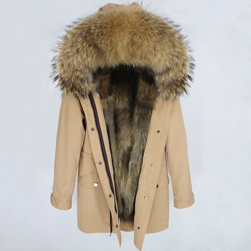 brown natural Женская парка на натуральном меху OFTBUY, черное пальто с натуральным лисьим мехом, с капюшоном с отделкой из меха енота, толстая теплая уличная одежда, зима - Цвет: brown natural