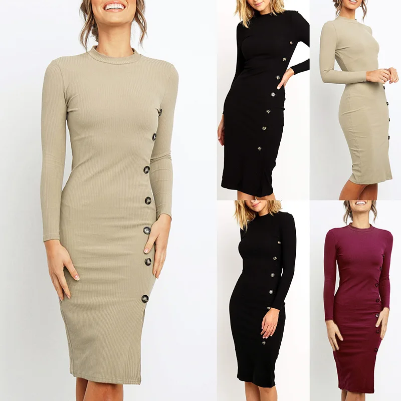 Women Long Sleeve Dress Solid Color Slim Sexy Button Dress Knitted Dress Bodycon Dress Winter Dress