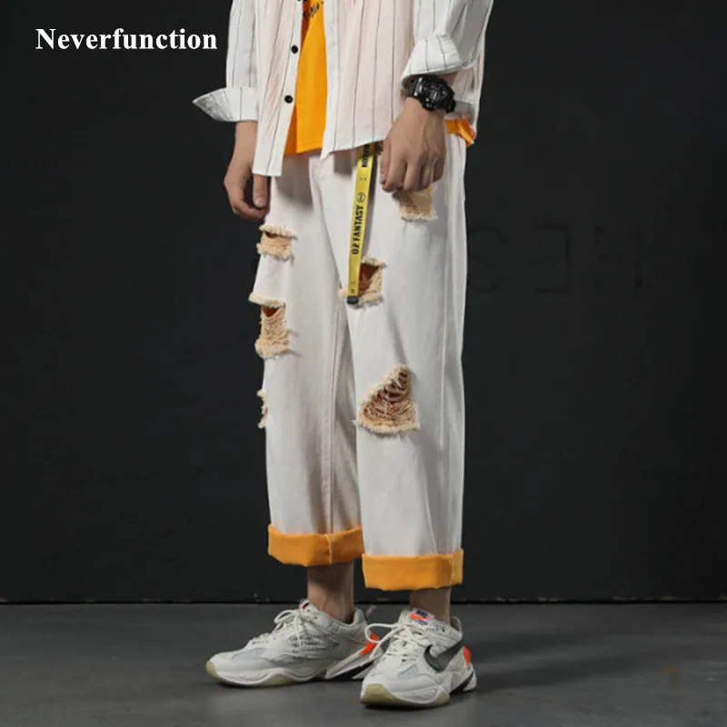 

Men new Fashion white Destroyed Ripped Vintage Straight beggar Jeans Streetwear Hip Hop Loose Solid color male denim pants
