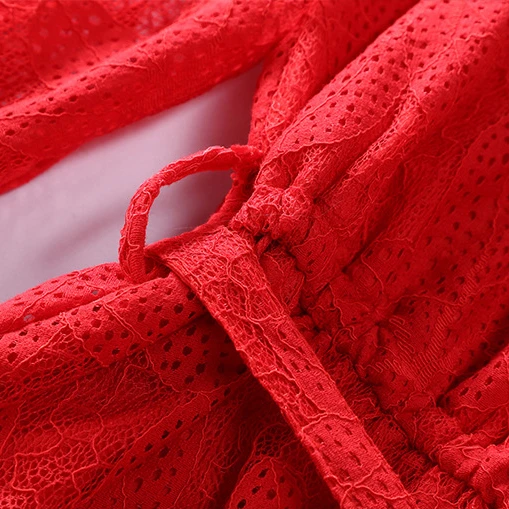 

Elegant Lace Dress Red 2021 Spring 3/4 Sleeve Ruffles Stand Collar Loose Dress Women 3XL 4XL 5XL Plus Size Midi Dress with Belt