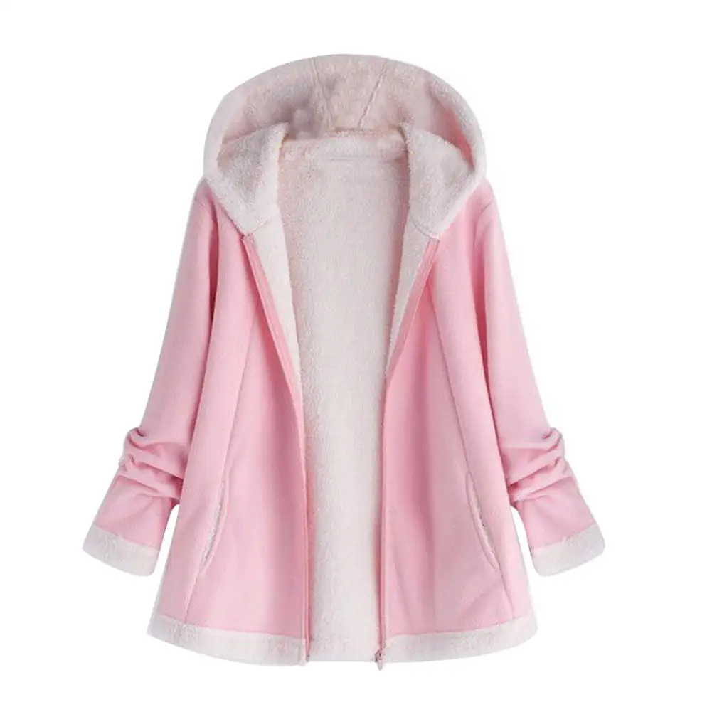 

Plus Size Women Solid Color Irregular Long Sleeve Zipper Pockets Mohair Fleece Warm Coat Winter Loose coat Hooded 4 Color
