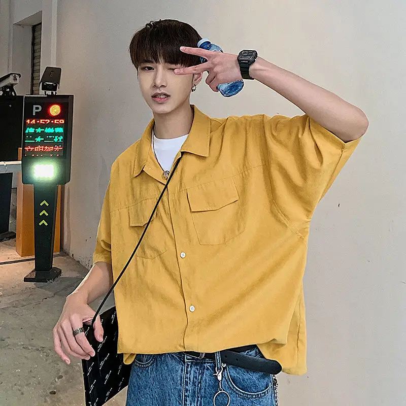 

Men's short-sleeved shirts 2021 summer new solid color square collar loose casual shirt campus youth fashion men's clothing men