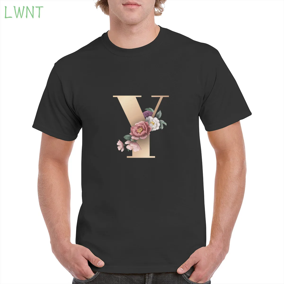 

100% cotton Brown letter Y flower pattern print t shirt 26-letter graphic tshirt gothic punk oversized tops women/men's T-Shirts