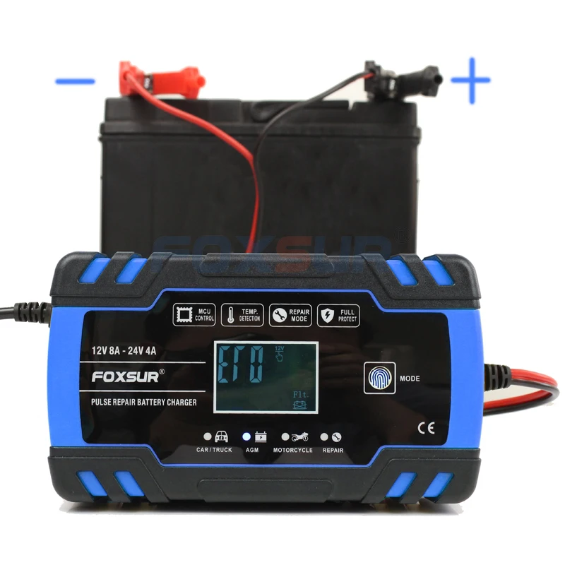 FOXSUR автомобиля Мотоциклетные батареи Зарядное устройство 12V 8A 24V 4A смарт-устройство для быстрой зарядки для AGM гель мокрый EFB свинцово-кислотный Батарея Зарядное устройство