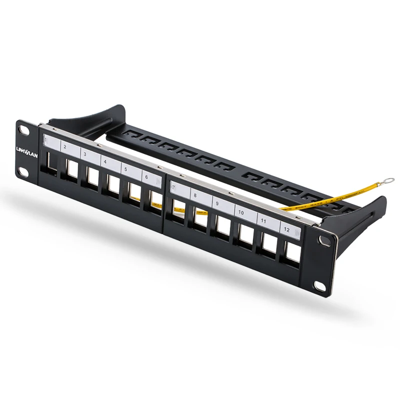 12ports blank patch panel - suitable for cat.5e/cat.6 keystone modules - 10 Inch Rack Mount Incl. Cable Management Support Bar