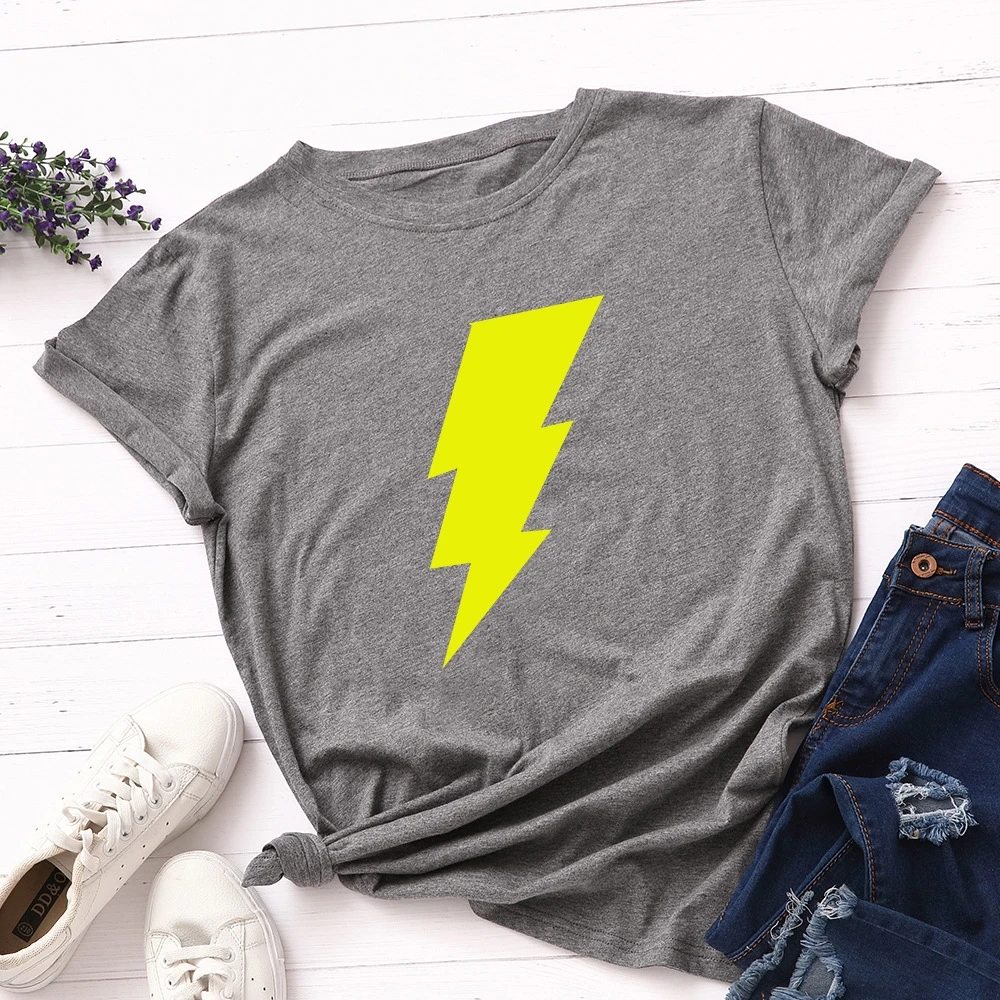 

Fashion Thunder Print Women T-shirt Polyester Short Sleeve Tees Shirts Summer T Shirt Yellow Lightning Tshirt Tops TX5960