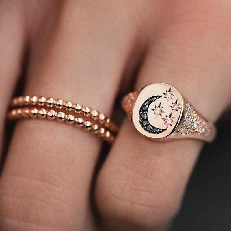 

3 Pcs/Set Vintage Rhinestones Moon Style Rings For Women Fashion Gold Color Campus Metal Alloy Finger Ring Sets Jewelry
