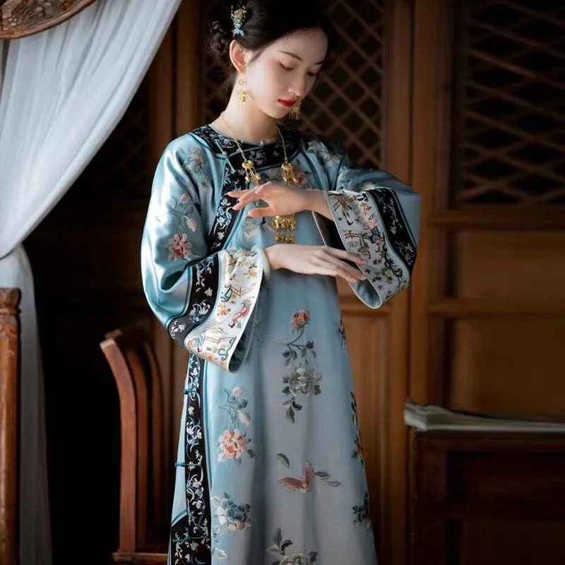 

Ethnic Style Embroidered acetic acid large skirt with loose waist and A-line skirt, large size mm Slim Chinese dress