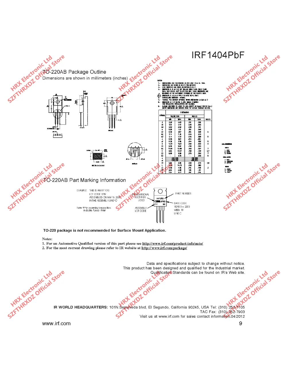 IRF1404PBF TO220 IRF1404 TO-220 50 шт./трубка 162A 40 В(10 шт