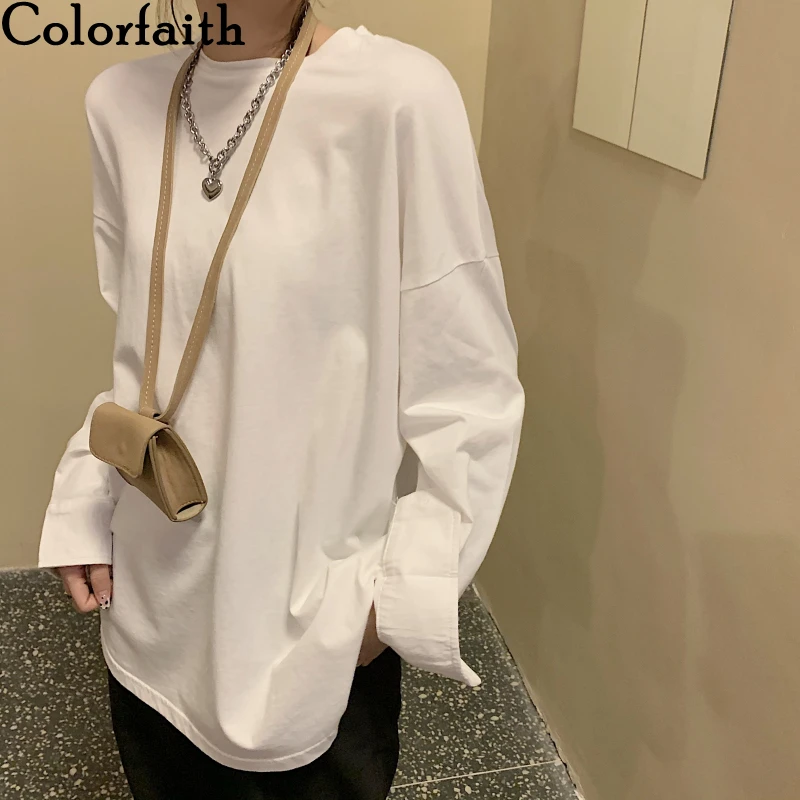 

Colorfaith New 2020 Women Autumn Winter T-shirt Solid Bottoming Basic Fashionable Shirt Sleeve Korean Wild Oversize Tops T2536