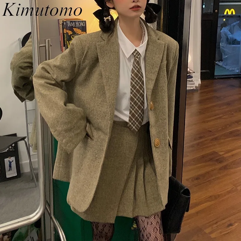 

Осенний женский костюм с юбкой Kimutomo, Женский Нежный шерстяной костюм в британском стиле, куртка с галстуком, короткая плиссированная юбка, и...