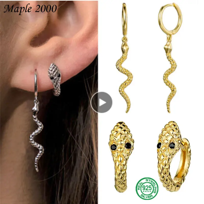 Змея длинные Позолоченные каплевидные серьги с квадратными 925 серебро для женщин
