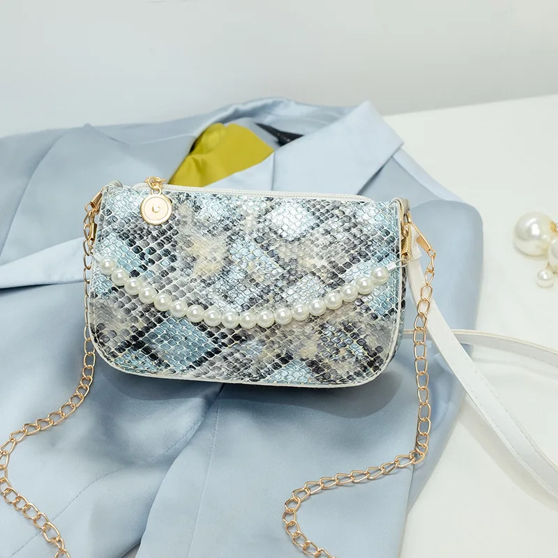 

2021 New Pearl Serpentine Women's Chain Bag Pure Color Single Shoulder Bags for Women Designer Pu Leather Handbags Female A180