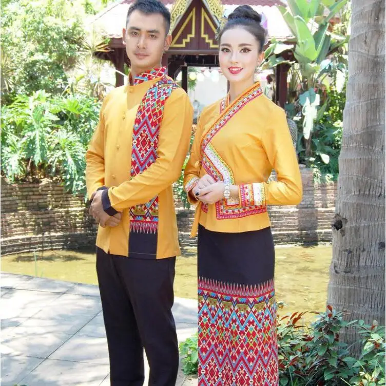 

Spring Autumn Thai Hotel Restaurant clothing YunNan Dai work Uniform suit for men women with long sleeves yellow Ethnic Clothes