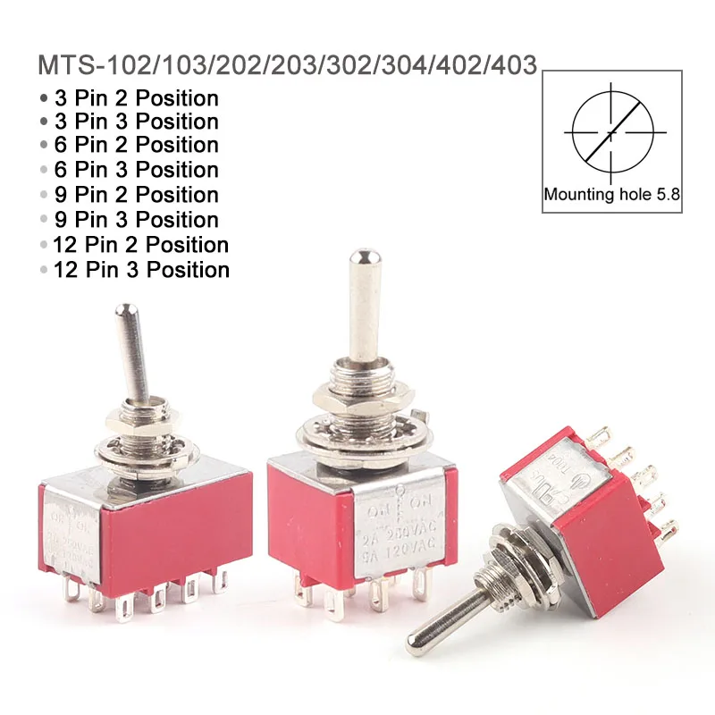 5PCS Miniature Toggle Switch   MTS-102/103/202/203/302/304/402/403 ON-ON  ON-OFF-ON 5A125V 2A250V 3/6/9/12 Pin Mounting 6mm