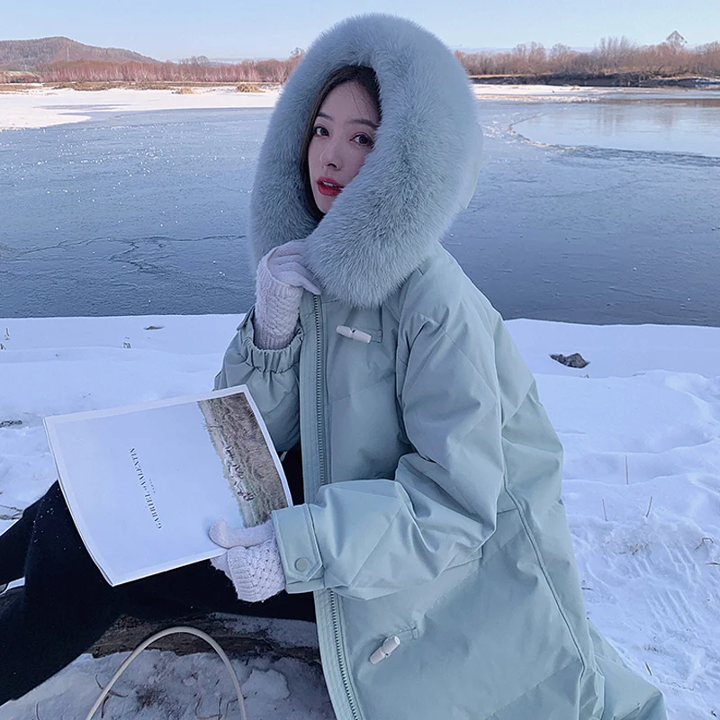 2021 new horn buckle winter jacket ladies warm and thick down pure cotton large fur collar long parka coat women loose jacket