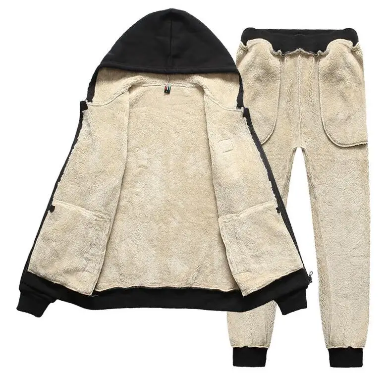 

Rlyaeiz 2019 Winter Casual Set Men Tracksuit Pure Color Plus Velvet Thickening Hoodies + Pants Sporting Suits Male Sweat Suit