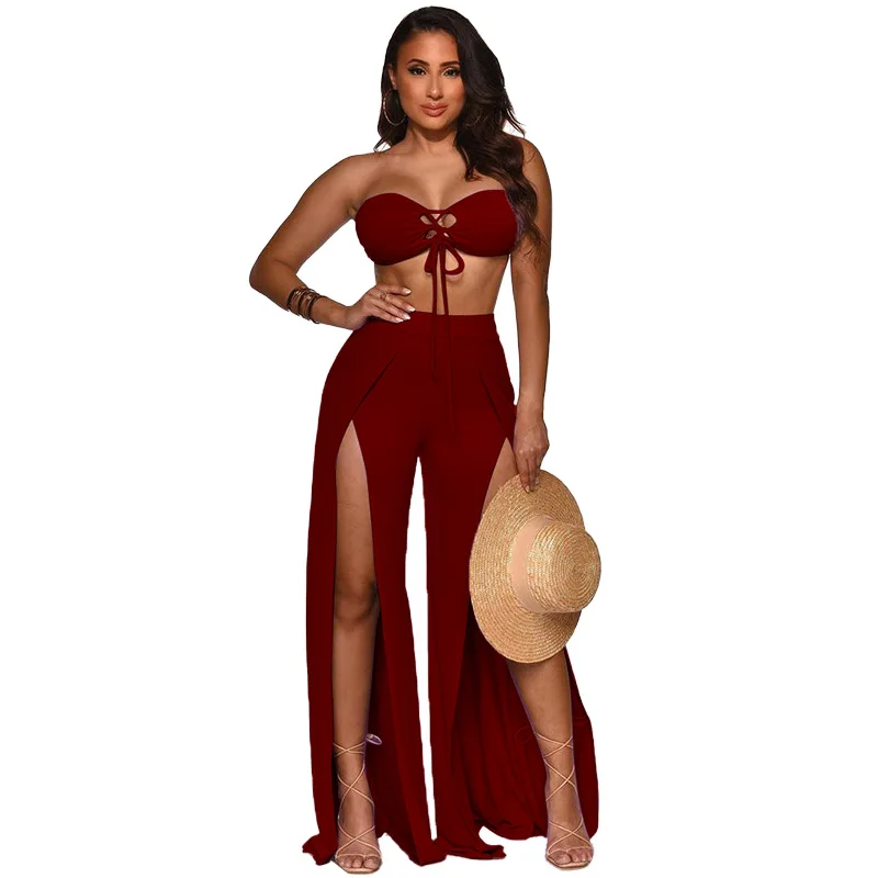 

2021 Women's Casual Suit Split Strap Wide Leg Pants Two Piece Sexy Suit Summer Cool Outdoor Vacation Beach Quick Dry Set