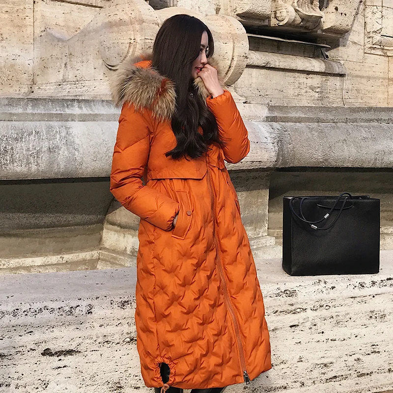 Настоящий енот собака меховой воротник мода зима белый утиный пух пальто Верхняя