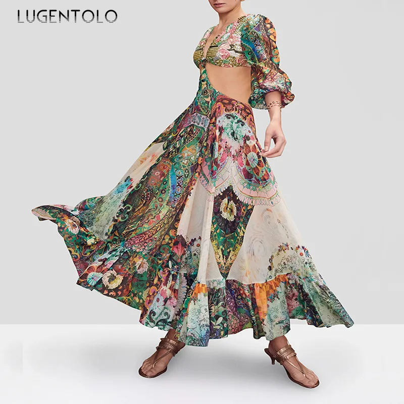 

Lugentolo Women Dress Sexy Slim Princess Dresses Long Sleeve Elegant Lady Floral Print Casual Big Swing Fashion Long Dress