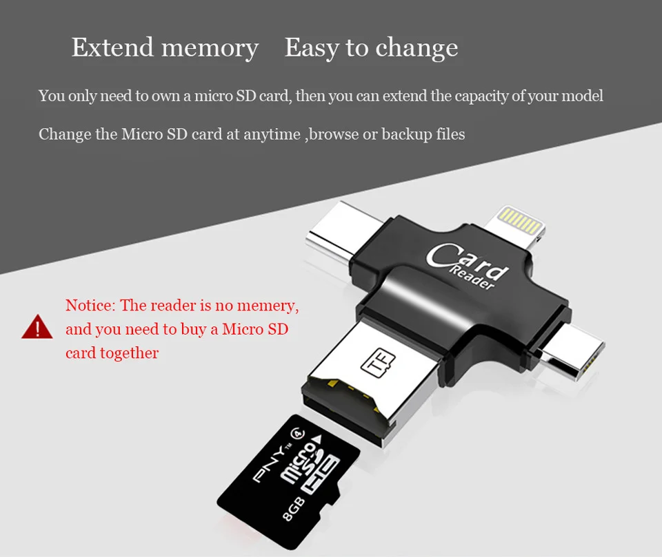4 в 1 устройство для чтения телефонных карт с интерфейсом USB/Micro USB/type-C/lightning для Micro SD карты, соединяющейся со смартфоном-черный цвет