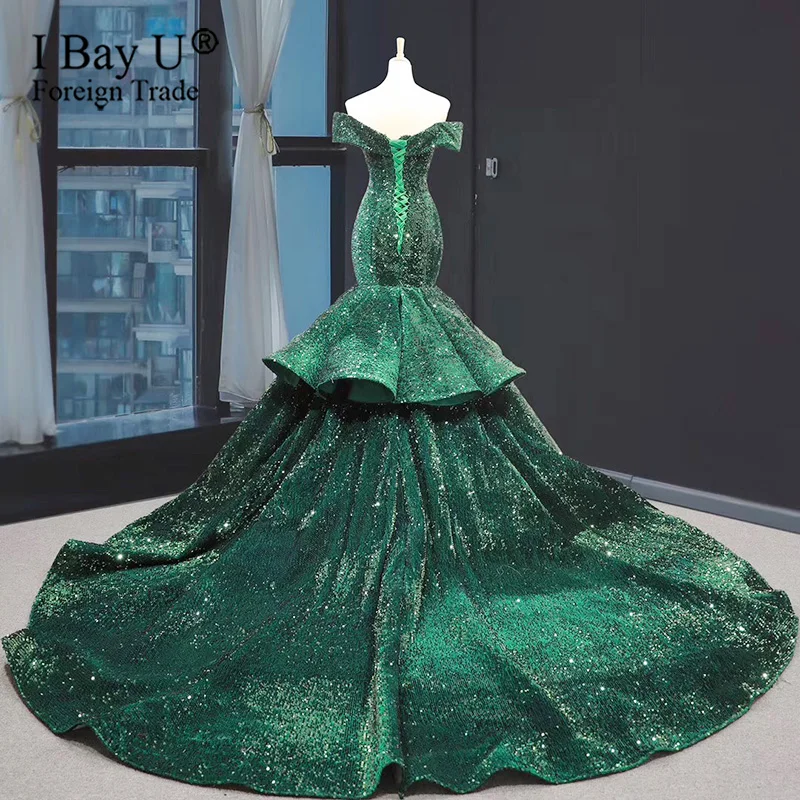 Muslim Green Sequins Mermaid Wedding Dresses Turkish Arabic Aibye African Formal Bridal Dress Moroccan Kaftans Couture Gowns