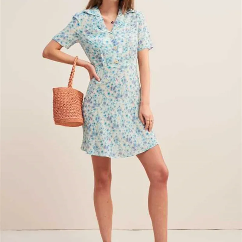 

New Summer Floral Women Mini Dress French Style Holiday Flowers Print Turn Down Collar Short Dresses With Large Buttons