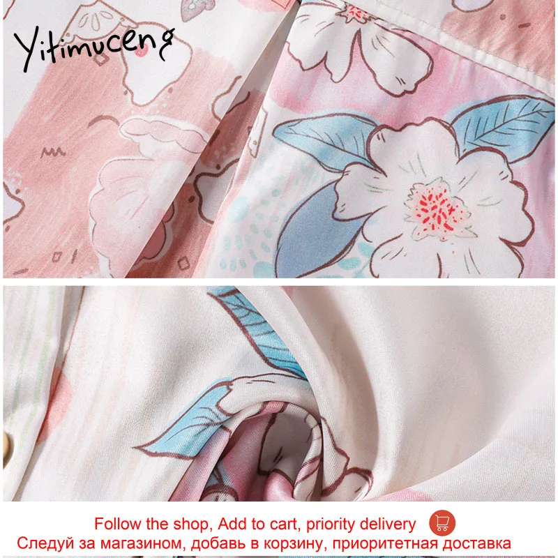 

Yitimuceng Print Button Blouse Women Vintage Shirts Loose Spring 2021 Fashion Long Sleeve Turn-down Collar Single Breasted Tops