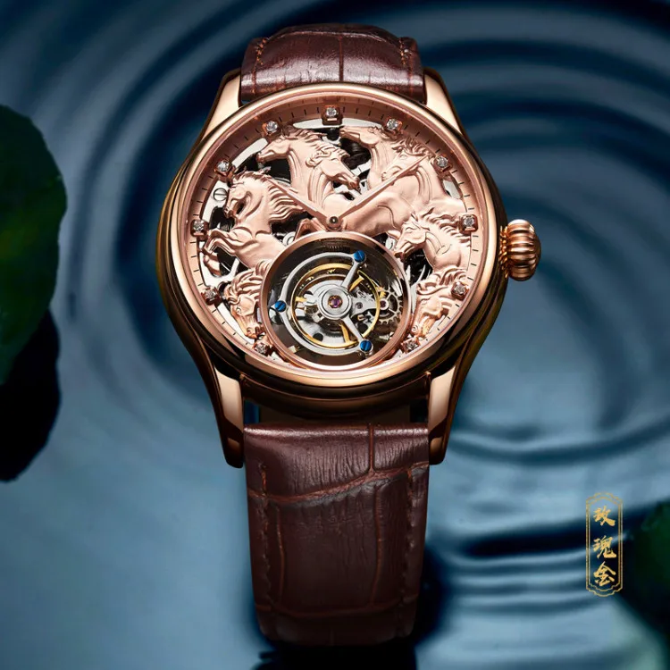 Rose Gold Топ бренд для мужчин Tourbillon механические часы Зодиак лошадь Скелет 24 К золото кожа для мужчин s Чайка Tourbillon часы Поддержка на заказ - Цвет: Rose Gold