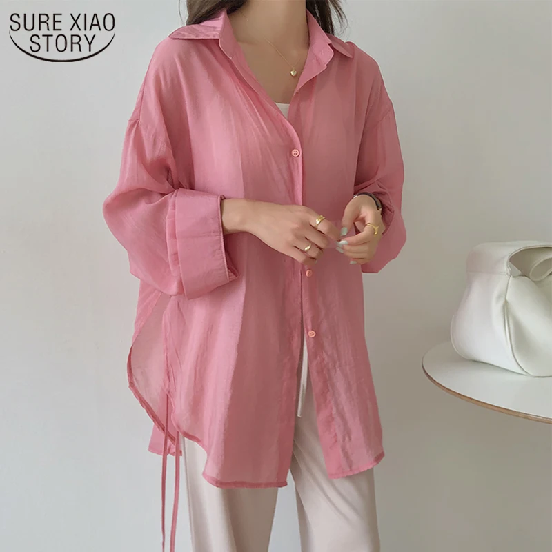 

2021 New Sunscreen Woman's Blouses Summer Solid Color Shirt Female Vintage Korean Long Sleeve Wild Polo Collar Coat 10003