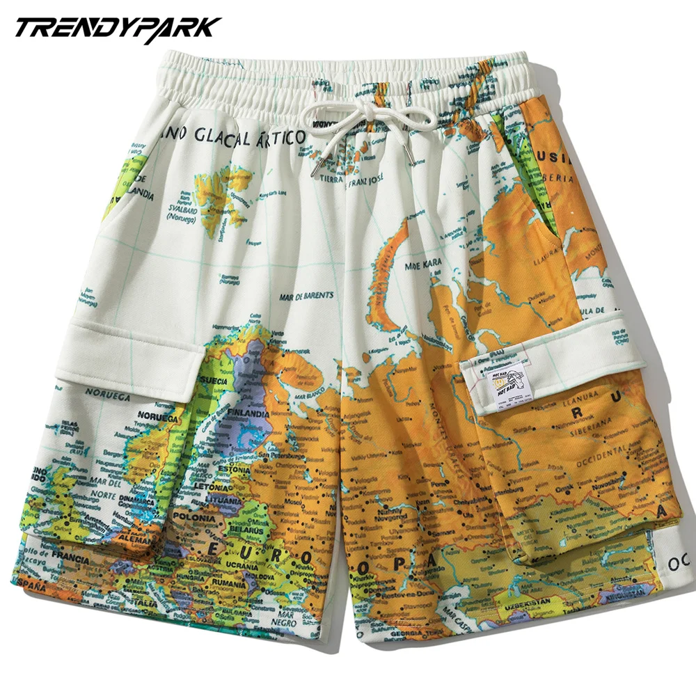 

Men's Short Summer Hip Hop Oversized Europe Map Print Pockets Polyester Streetwear Harajuku Sweatpant Drawstrings Casual Shorts