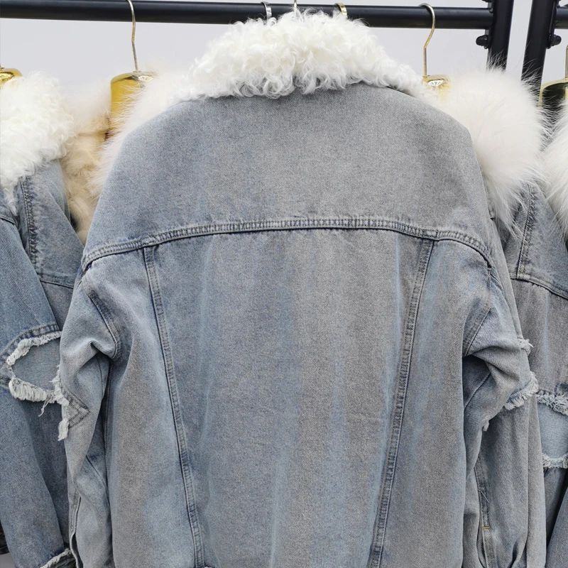 Denim Jacket Women Thicken Warm Winter Coats Cotton Padded Jackets Detachable Rabbit Fur fox Liner A lamb's  Jean Parka Coats