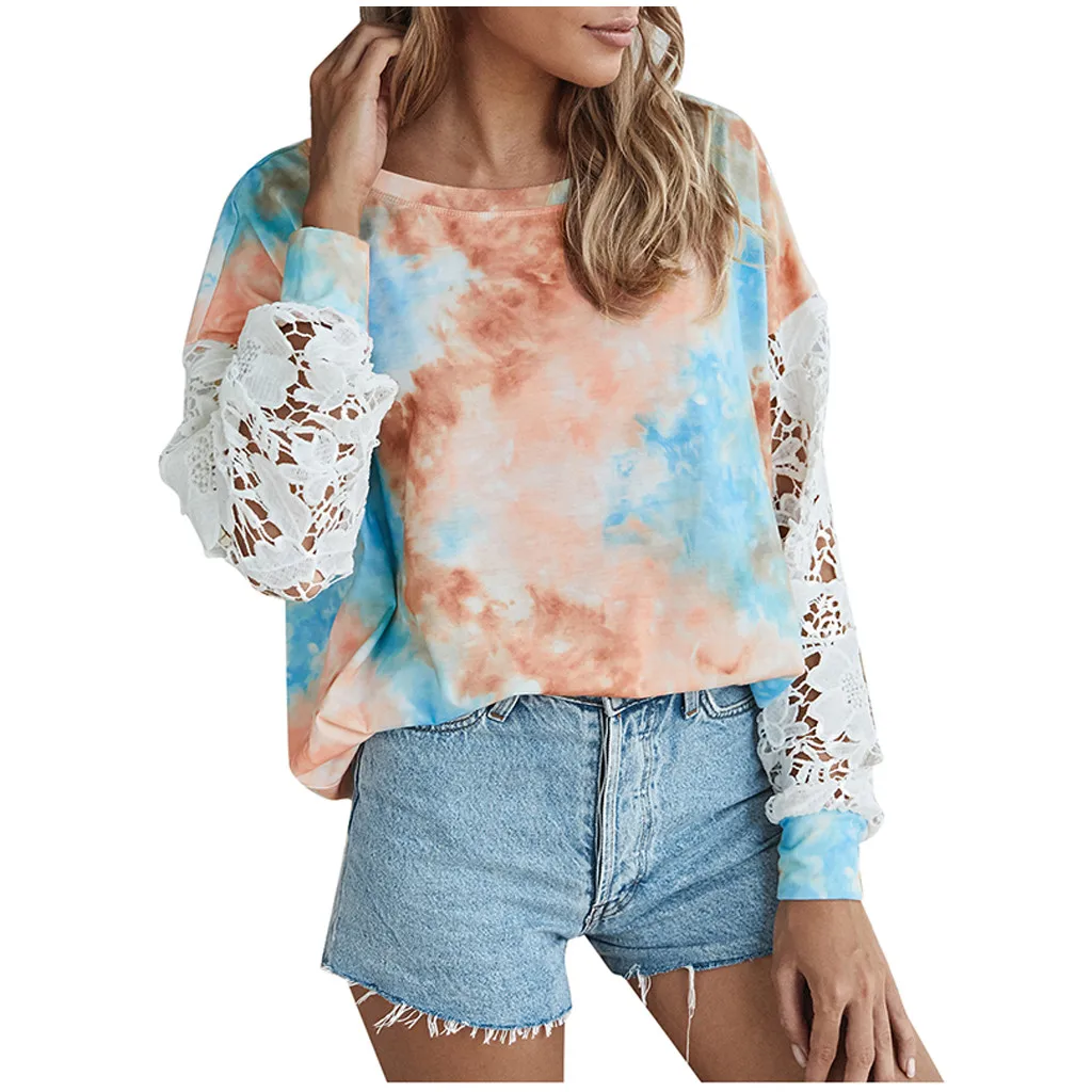 

Women Fashion Tie-dye Print Lace Long Sleeve O-neck Casual Top Shirts Blouse Блузка Женская Blusas Mujer De Moda 2021 Femmes