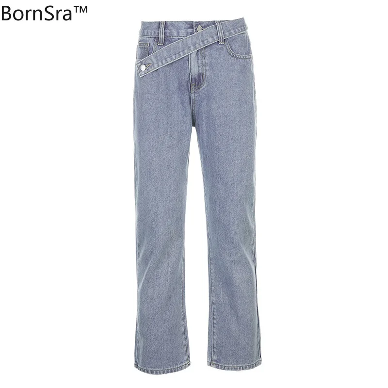 

bornsra 2021 design diagonal belt high waist straight jeans women's drape casual mop pants Vintage High jeans woman