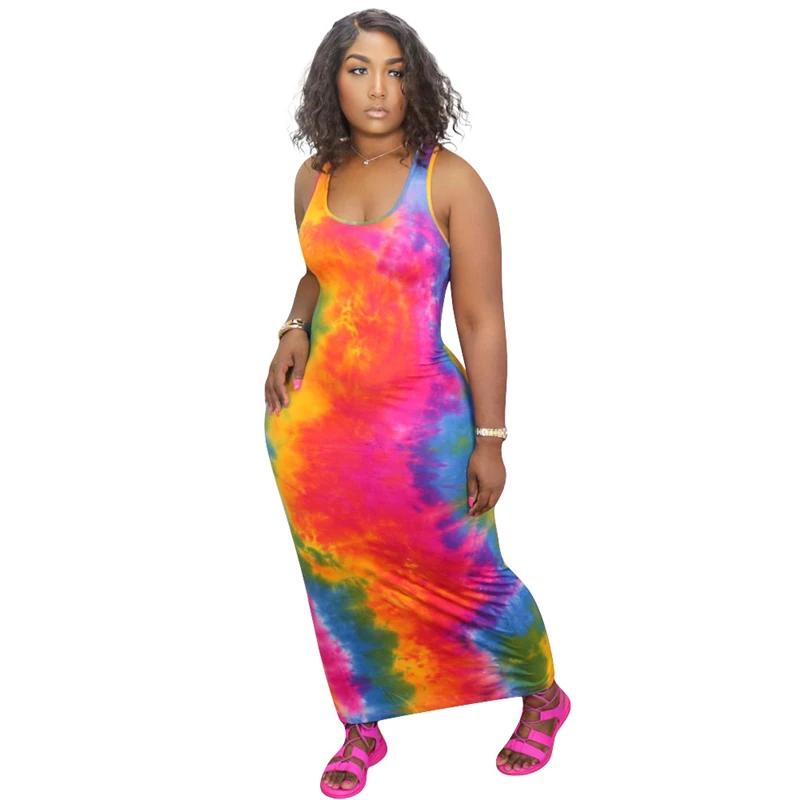 

RStylish Women Sleeveless Long Dreses Tie-Dye Print Dress Summer Clothing Female Sexy Round Neck Dresses