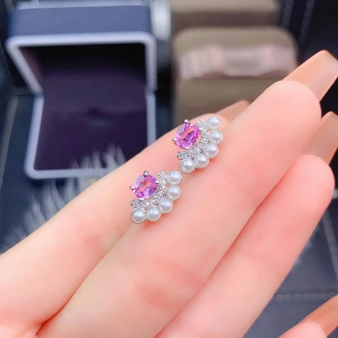Elegant cute honeybee  Feet natural pink sapphire stud earrings Natural gemstone earrings 925 silver women party gift jewelry