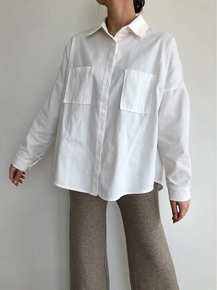 

2021 New Spring Double Pockets Turn-down Collar Cotton Women's Blouse Casual Loose Female Blouse Tops Workwear Shirts