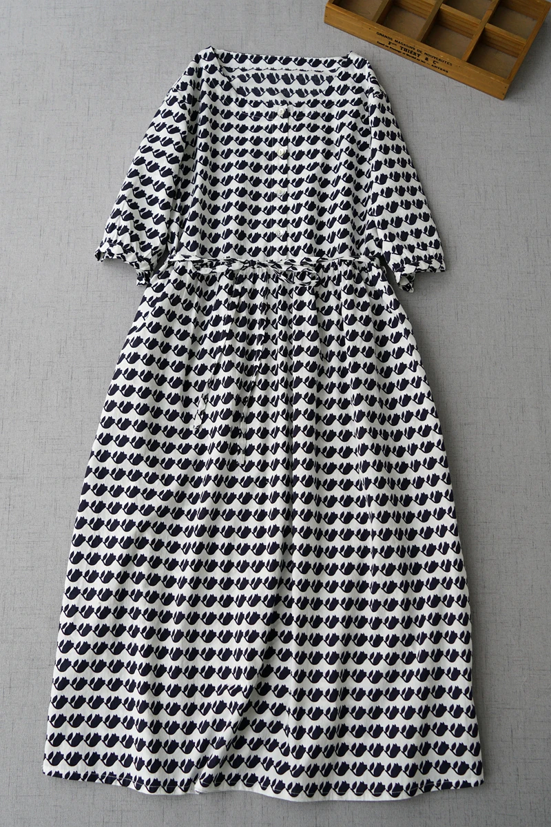 

Spring Summer New Women Loose Japan Style Natural Fabric Print Comfortable High Density Cotton Dresses W/h Side Pockets