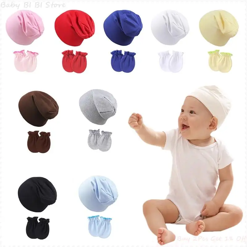 

1 Set Baby Infants Anti Scratching Cotton Gloves+Warm Slouchy Skullcap Hat Set Newborn Mittens Beanies Cap Kit Shower Gifts