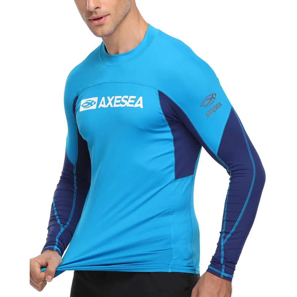 AXESEA Men Rash Guard Patchwork Swimwear Long Sleeve Rashguard Sun Protection Swimsuit Surfing Shirt Top UPF50+ Sport Beachwear