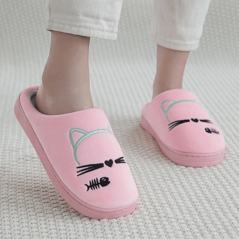 Women Winter Home Slippers Cartoon Cat Shoes Non-slip Soft Warm House Slippers Indoor Bedroom Lovers Couples Shoes