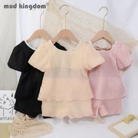 mudkingdom t shirts shorts sets for girls summer back belt pearl puff sleeve tops elastic waist short pants outfits kids clothes