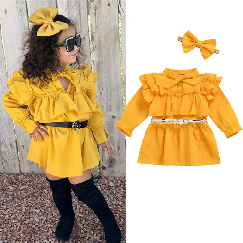 2020 Vintage Toddler Kid Baby Girls Dress 3pcs Clothes Ruffle Bow Yellow Long Sleeve Dress+Belt+Headband Princess Sundress | Детская
