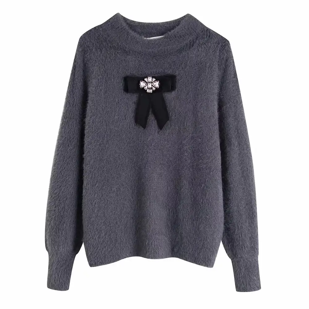 ZA autumn winter women's red gray knitted sweater Jewelry bowknot plush tops chic lady Casual female pullover | Женская одежда