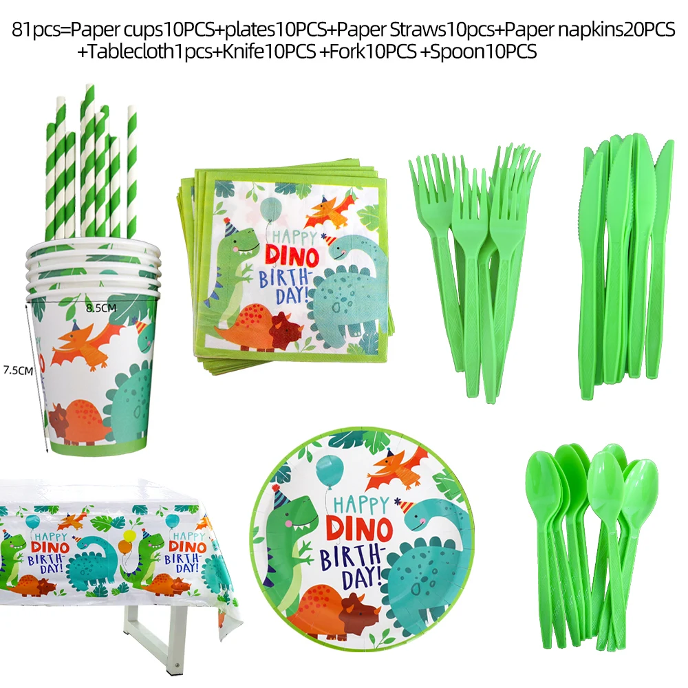 Dinosaur Party Disposable Plates And Cups Set Disposable Tableware Set Cake Topper Dino Balloons Baby Show Kids Birthday Decor