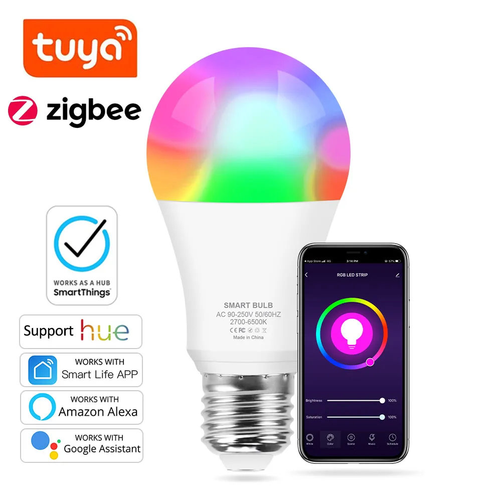 Умсветильник лампа ZigBee 3 0 Tuya E27 12 Вт светодиодная RGB работает с Alexa / Google Home Smartthings 90