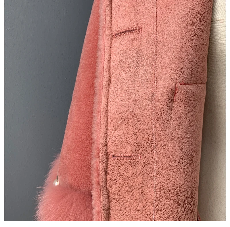 MAOMAOFUR/шерстяное пальто для женщин с натуральным лисьим меховым воротником и манжетами; теплая верхняя одежда для женщин; Новая модная длинная стильная куртка из натурального овечьего меха